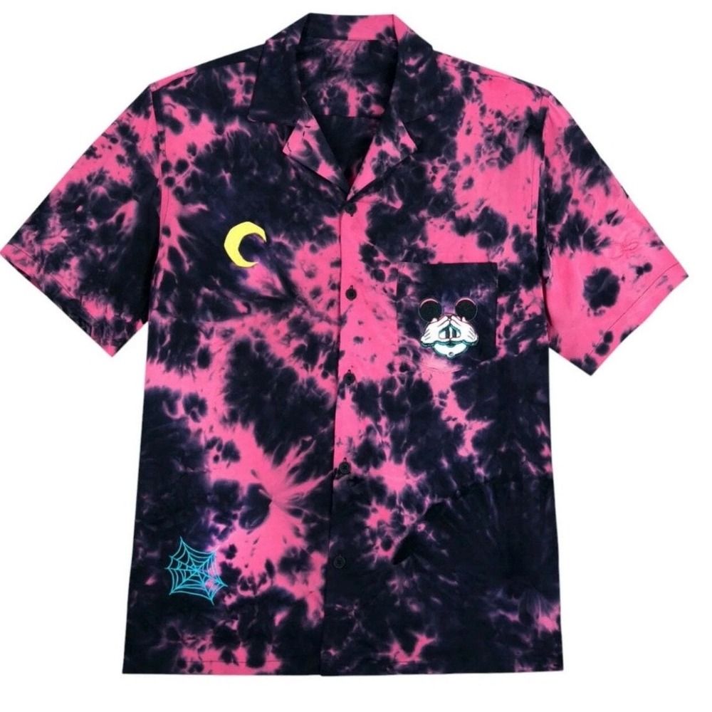 Disney Mens Mickey Mouse Tie Dye Camp Shirt Pink Black Viscose XL Embroidered